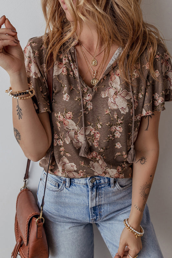Kaki Retro Floral Stampa floreale Tracca a manica corta a collo diviso