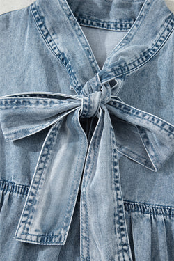 Beau Blue Bowknot Neck sin mangas con volantes Vestido de chambray