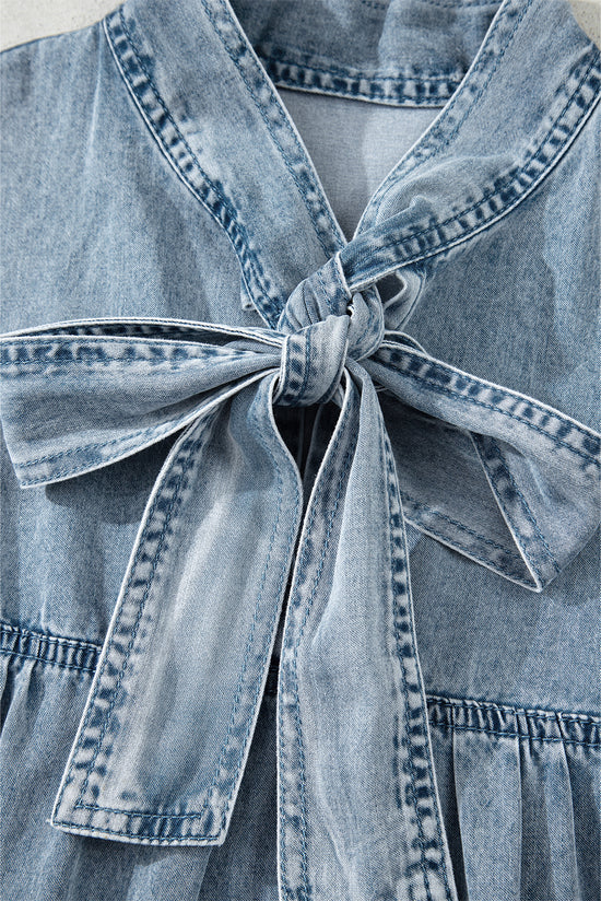 Beau Blue Bowknot Neck sin mangas con volantes Vestido de chambray