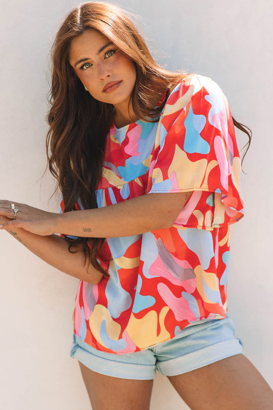 Multicolour Abstract Pattern Assicch Wide Clew Neck Blouse