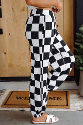 Black Checkerboard Elastic Taist Pocketed Joggers