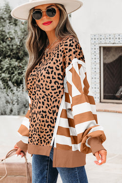 Purple Stripe Color Block Patchwork Leopard Casual Sweatshirt with Slits