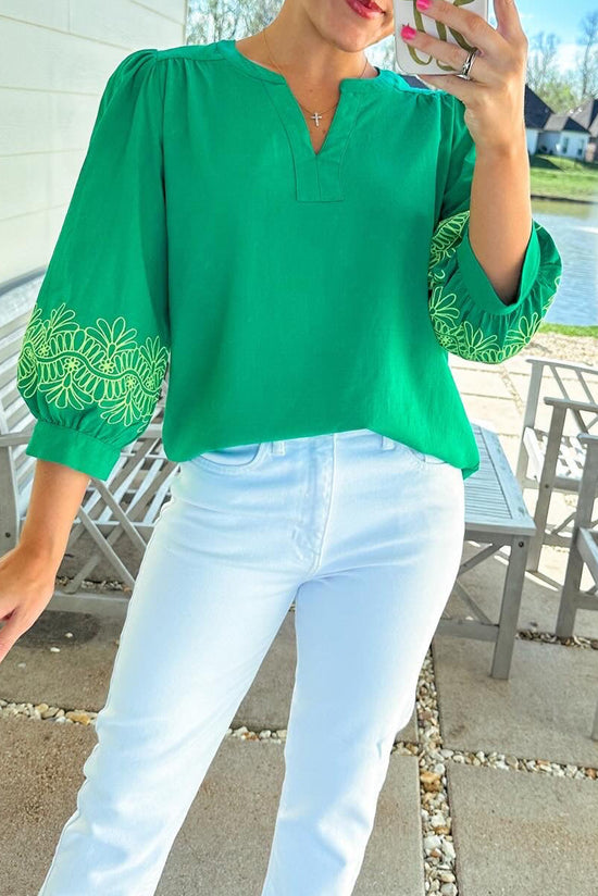 Contrasto verde contrasto floreale ricamato a 3/4 manicotto a V Neck Blouse elegante