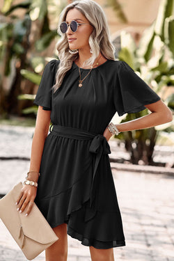 Negro Plisado de cuello redondo de cuello redondo Manga con rufa mini Mini Vestido