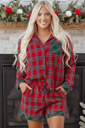 Dearlovers Red Plaid Contrast Patched Christmas Holiday Long Sleeve Shirt and Short 2pcs Pajama Set