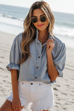 Camicia da chambray con manica a soffio corta blu beau