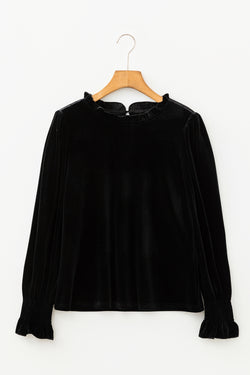 Black Frilled Collared Smocked Cuffs Puff Sleeve Velvet Blouse