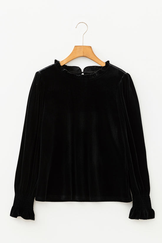 Black Frilled Collared Smocked Cuffs Puff Sleeve Velvet Blouse