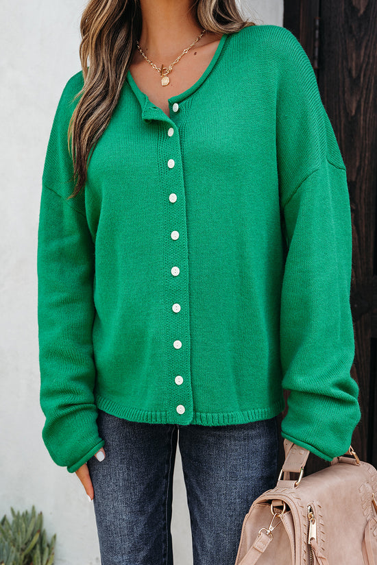 Pulsante a maglia a maglia a maglia con maglia ridotta verde brillante cardigan