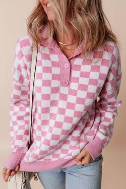 Botões quadriculados rosa colar V de pescoço Drop Sweater