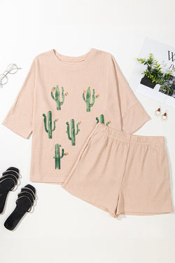 Light French Beige Cactus Forest Waffle Media manga Set corta