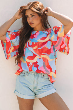 Multicolour Abstract Pattern Assicch Wide Clew Neck Blouse