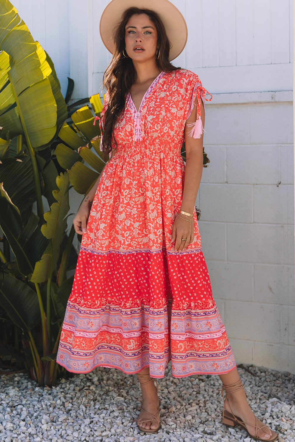 Red estampado floral Taseled Manga Manga Empire Winist Maxi Vestido