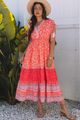 Stampa floreale rossa Nappina con la manica legata in vita Maxi Dress