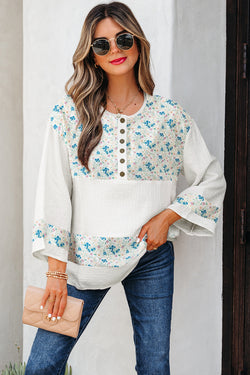 Sky Blue Floral Print Gauze Patchwork Henley Button 3/4 Sleeve Blouse