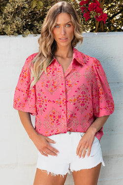 Stampa floreale rosso rosa a manica corta camicia sciolta
