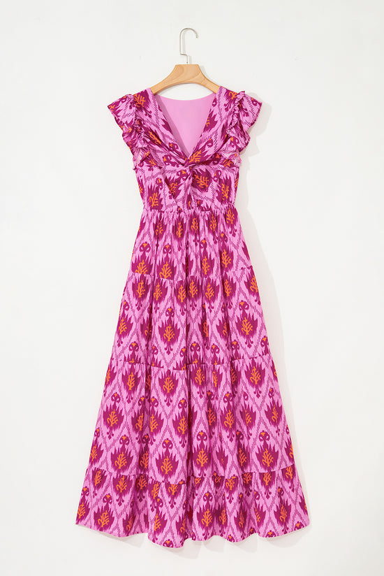 Bonbon Retro Print Twisted Front Ruffled Sleeve Maxi Dress