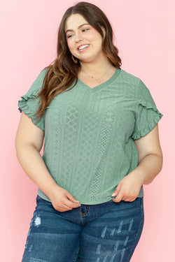 Blusa Curvy a manica di petalo verde di alloro