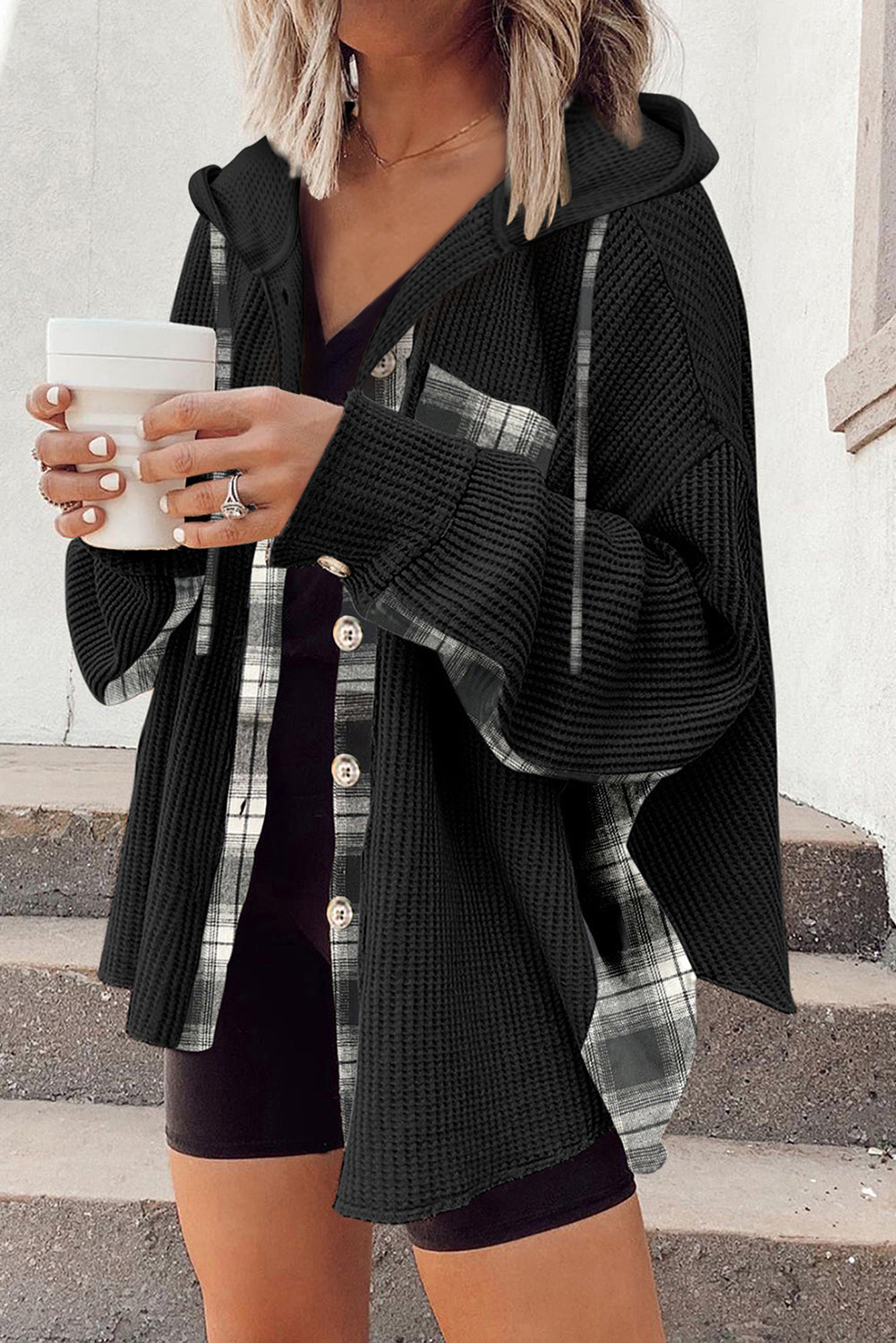 Black Waffle Knit Pathwork Patchwork Drawanting Capicket Chacket