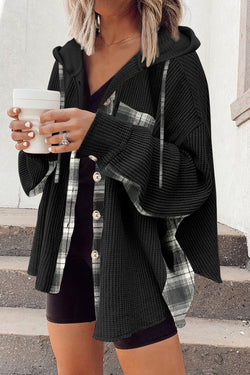 Black Waffle Knit Pathwork Patchwork Drawanting Capicket Chacket
