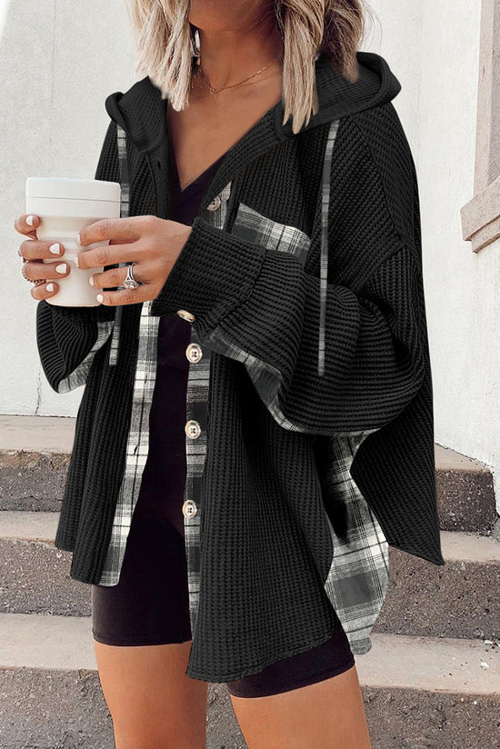 Black Waffle Knit Pathwork Patchwork Drawanting Capicket Chacket