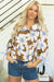 Marrom Floral Printed Tired Tire Sleeve Collared V Neck Blouse