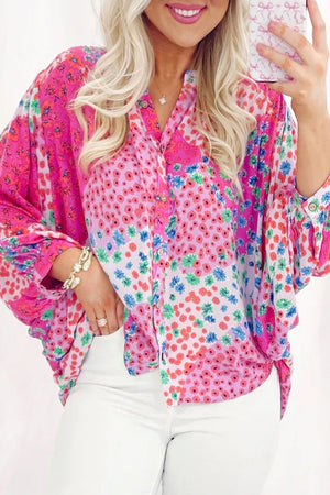 Rose Red Floral All Entras estampado en v Camisa de gran tamaño en V Botle