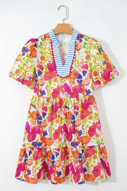 Rose Bright Floral Print Ricrac Trim Striped Patchwork V Neck Dress