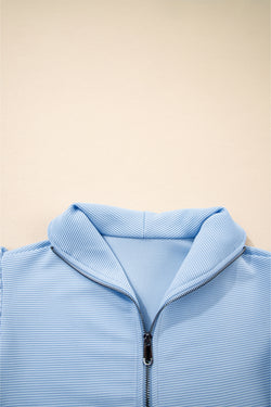 Beau Blue Textured Ruffled Sleeve Zipped Top and Wide Leg Pants Set