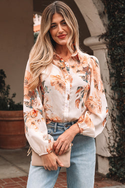 Orange Floral Puff Sleeve Lightweight Shirt