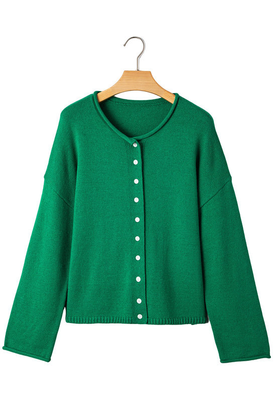 Pulsante a maglia a maglia a maglia con maglia ridotta verde brillante cardigan