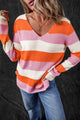 Bloco de listra laranja colorblock v pescoço suéter casual