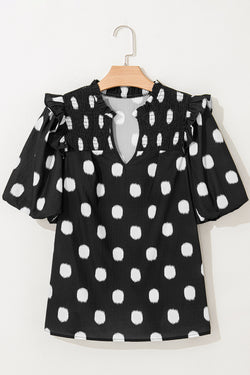 Black Polka Dot Stampa giogo a shirted coglione manica a palloncini.