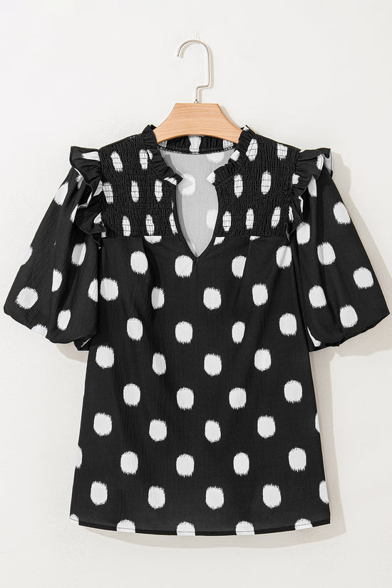 Black Polka Dot Stampa giogo a shirted coglione manica a palloncini.