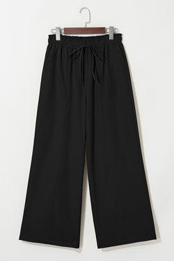Black Solid Color Drawstring Elastic Waist Casual Loose Pants