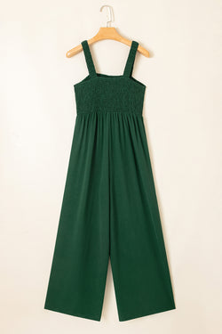 Black Smocked Sleeveless Wide Leg Jumpsuit with Pockets