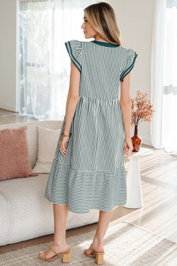 Brown Stripe Double Ruffled Short Sleeve Contrast Trim V Neck Midi Dress