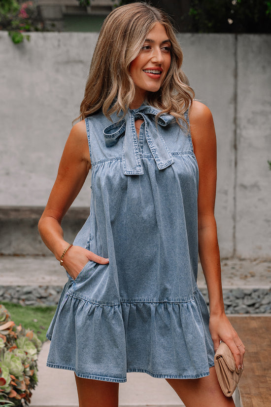 Beau Blue Bowknot Neck sin mangas con volantes Vestido de chambray