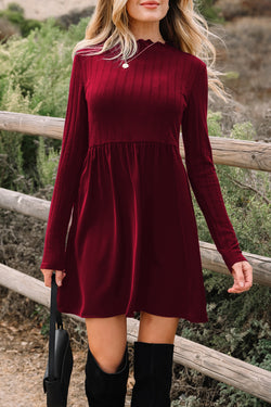 Black Frilled Neck Ribbed Knit Patchwork Long Sleeve Mini Dress