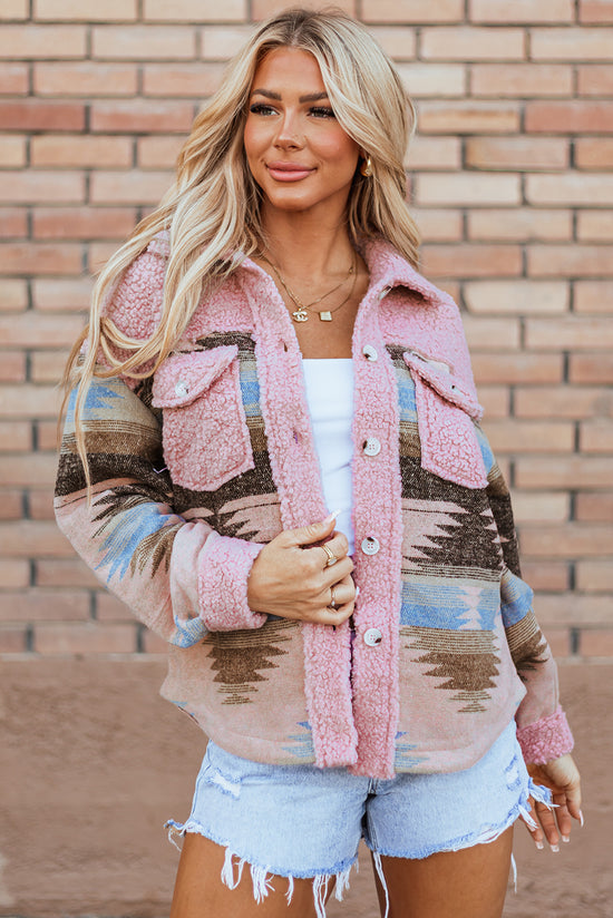 Pink Western Aztec Print Sherpa Supling Botsed Flap Pocket Coat
