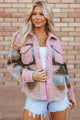 Pink Western Aztec Print Sherpa Supling Botsed Flap Pocket Coat