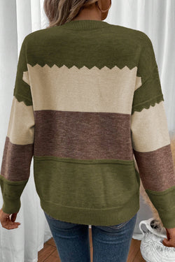 Brown Colorblock Crew Neck Drop Shoulder Sweater