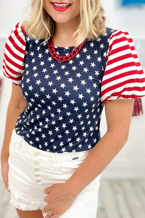 Navy Blue 4 juillet Stars Stripes Puff à manches bouffées T-shirt