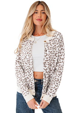 Khaki Leopard Drop Shoulder Chunky Knitted Cardigan Sweater