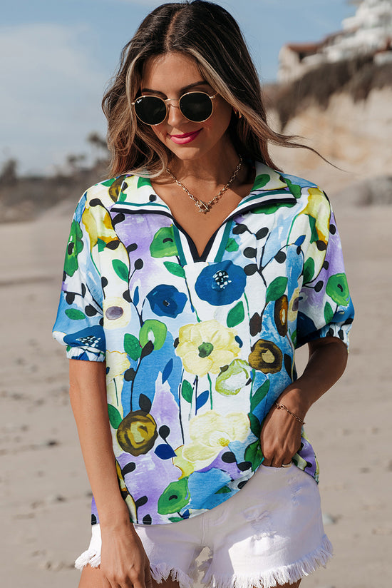 Blusa de manga curta rosa de estampa floral com estampa floral V de pescoço