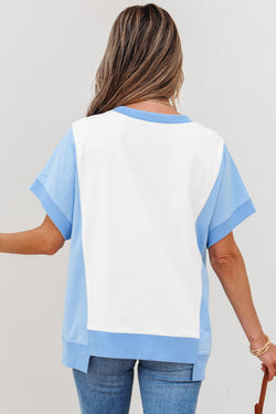 Bloque de color azul cielo Bloque de costura expuesta Camiseta Camiseta