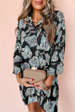 Collier de revers à imprimé floral noir mini robe robe
