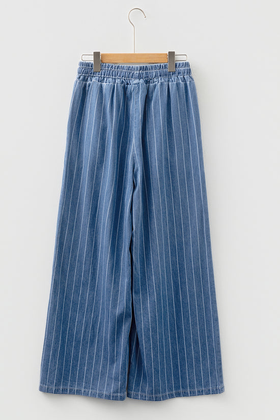 Sky Blue Stripe Chambray Wide Leg Tied Elastic Waist Trousers