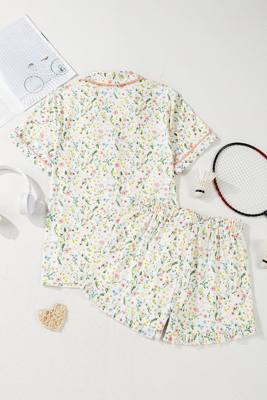 Floral Print Contrast Pipping Short Pajamas Set