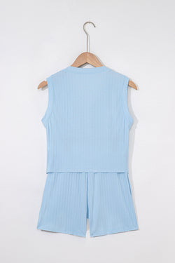 Beau Blue Custbed Botón V Cuella de tanques y pantalones cortos establecidos